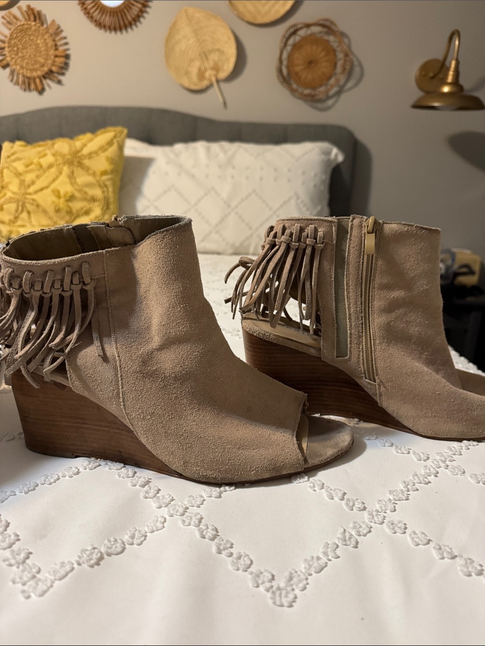 torrid Taupe Suede Fringe Peep-Toe Wedge Booties